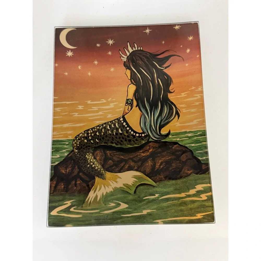 World Buyers Reina Mermaid Glass Trinket Tray Tattoo Art Moon Stars New